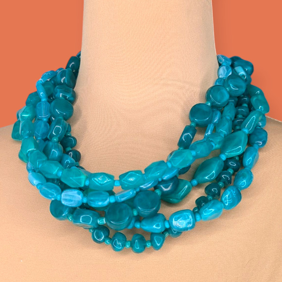 Vintage Jewelry - Vintage Twisted 6-Strand Beaded Resin Turquoise Choker Necklace